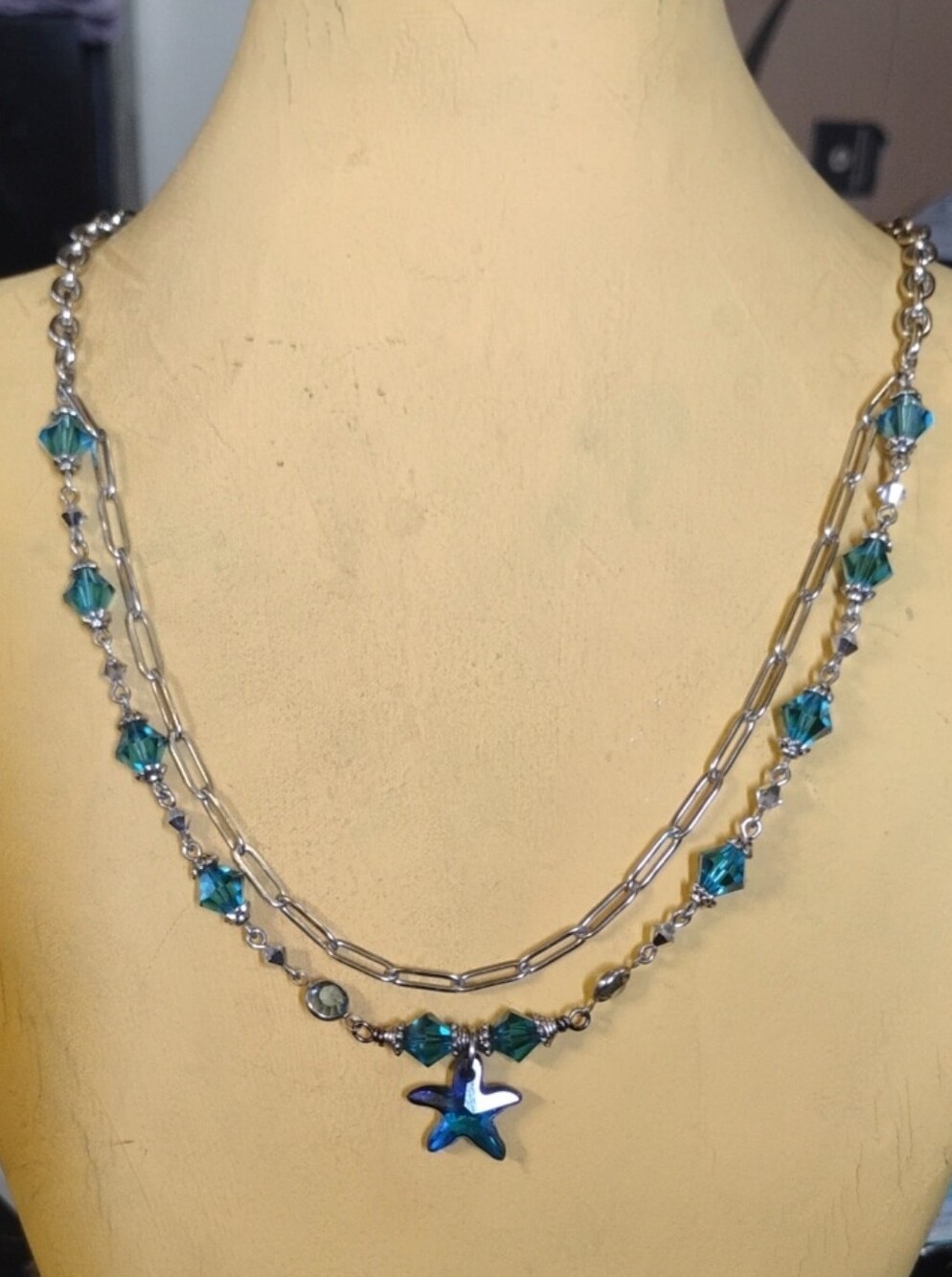 "Handmade Mermaid Core Starfish Pendant Necklace with Teal Austrian Crystals"